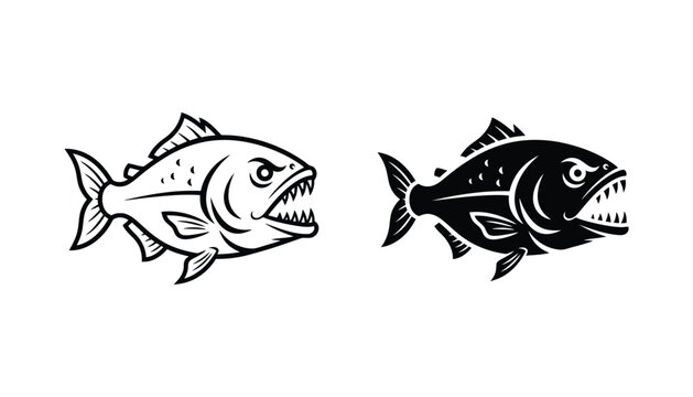 Angry piranha fish mascot with sharp teeth in line art and silhouette version for fishing team or aggressive brand identity