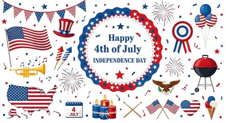 Obraz premium Happy 4th of july independence day elements set isolated on white background