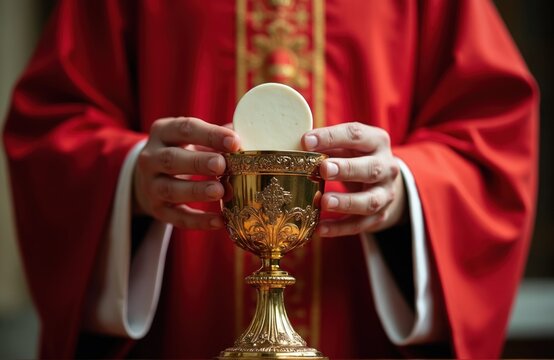 Catholic priest in red vestments holds a communion wafer above a golden chalice. This sacred ritual represents faith and Christian tradition during mass. The holy communion is a central sacrament.