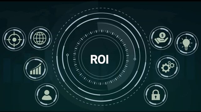 A circular infographic diagram with the acronym ROI in the center surrounded by icons representing business goals and processes on a dark teal background with a faint world map overlay Keywords