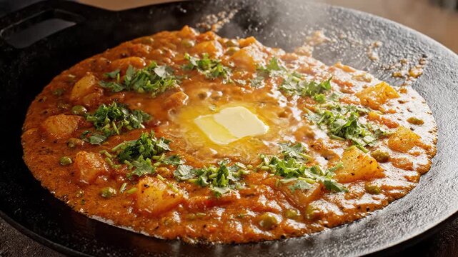 Vibrant pav bhaji simmering on a hot tawa with melting butter and herbs in a close-up shot.