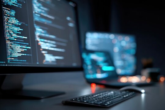 dark workspace with code on screen cybersecurity concept raw photography