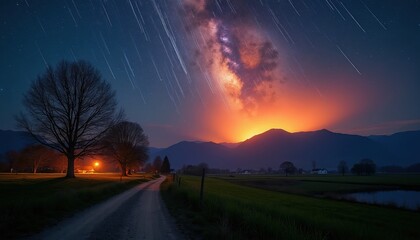 Fototapeta premium Meteor shower streaks across vast night sky above rural landscape. Milky Way visible, orange glow behind mountains. Dirt road leads past trees toward distant houses, night scene.