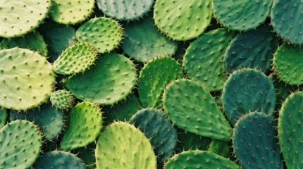 Fototapeta premium Close-up view of vibrant green prickly pear cactus pads, showcasing natural textures and patterns.