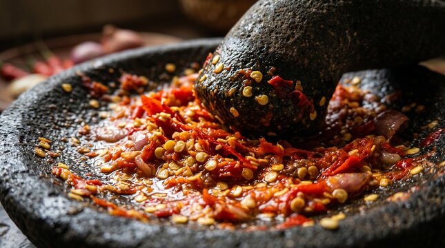 Close Up View of Traditional Sambal Crushed with Mortar and Pestle