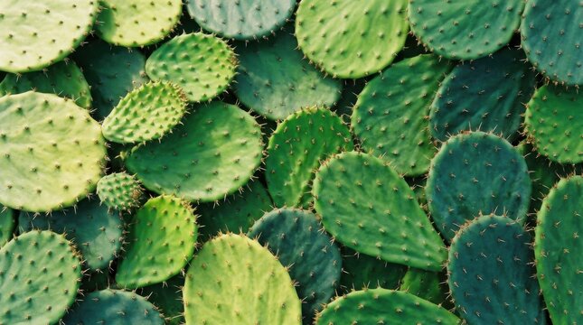 Close-up view of vibrant green prickly pear cactus pads, showcasing natural textures and patterns.