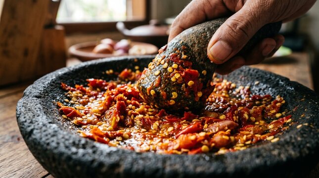 Extreme Macro Photography of Indonesian Sambal Being Ground on Stone Mortar
