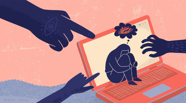 A distressed person curls up inside a laptop screen while dark hands point accusingly representing online harassment and cyberbullying