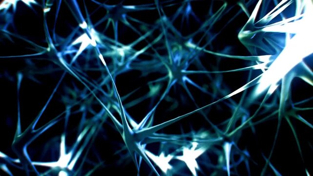 Dynamic abstract visualization of neural network activity deep inside human brain showing interconnected neurons firing with bright blue and green light pulses creating a cosmic effect.
