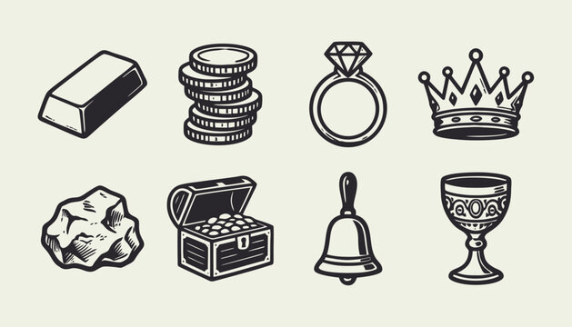 Vintage Treasure Icons Set with Gold Bar Coins Diamond Ring Crown Chest and Chalice