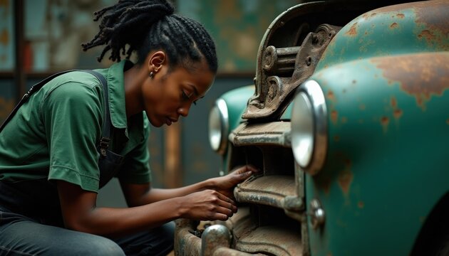 Woman mechanic works on vintage car grille. She wears green overalls, concentrating on repair. Old vehicle restoration in garage is her profession.