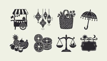 Hand drawn vintage market icons set with street food cart lanterns fruit and scale © Ghaghah24