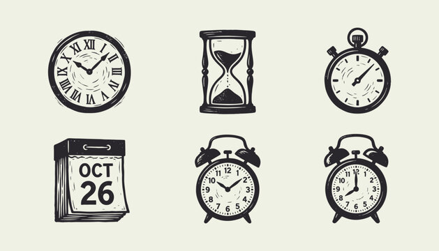 Set of vintage hand-drawn time icons including alarm clock hourglass stopwatch and calendar