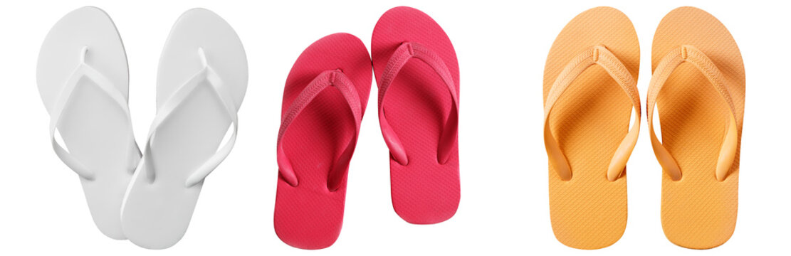 Three pairs of flip-flops in different colors: white, pink, and orange, isolated on a transparent background.