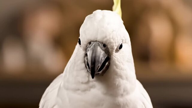 This striking portrait captures a majestic white cockatoo displaying its vibrant yellow crest with intense focus and an intriguing gaze, highlighting its unique avian beauty against a softly