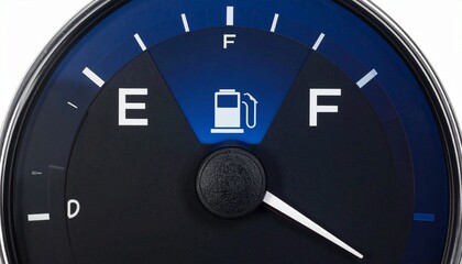 Naklejka premium A close-up of a car’s fuel gauge with a red needle pointing toward empty, black dial with white markings and a fuel pump icon, symbolizing low fuel, energy consumption, and automotive monitoring.