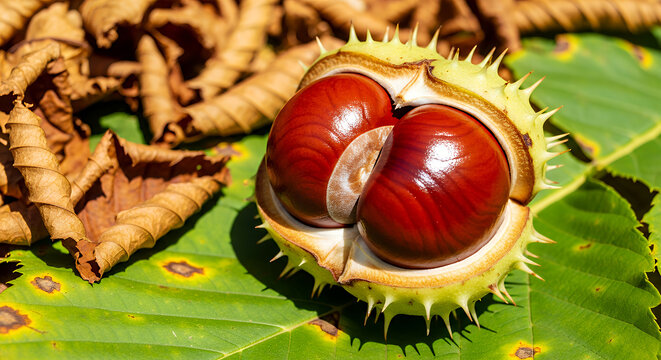 Open red chestnuts in prickly green shell on autumn leaves prickly shell