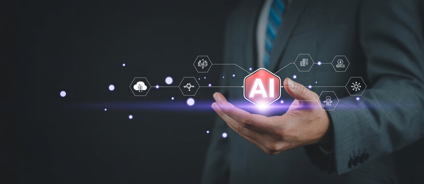 Man holding digital interface with AI symbol in hexagon shape and network of icons representing technology and business processes on dark background.