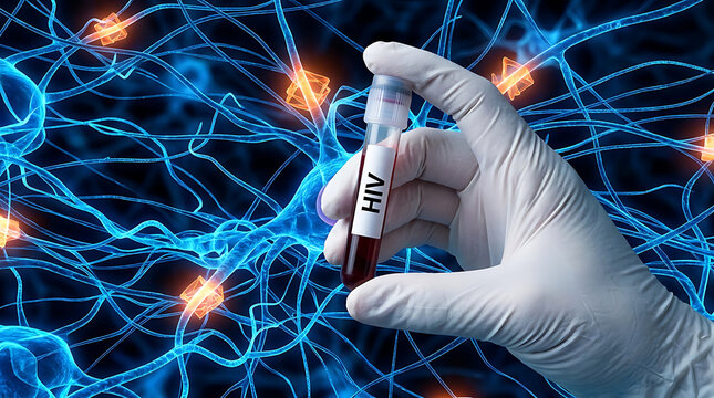 Scientist in white glove holding a blood sample test tube labeled HIV against a background of blue neurons and glowing synapses - 3d illustration