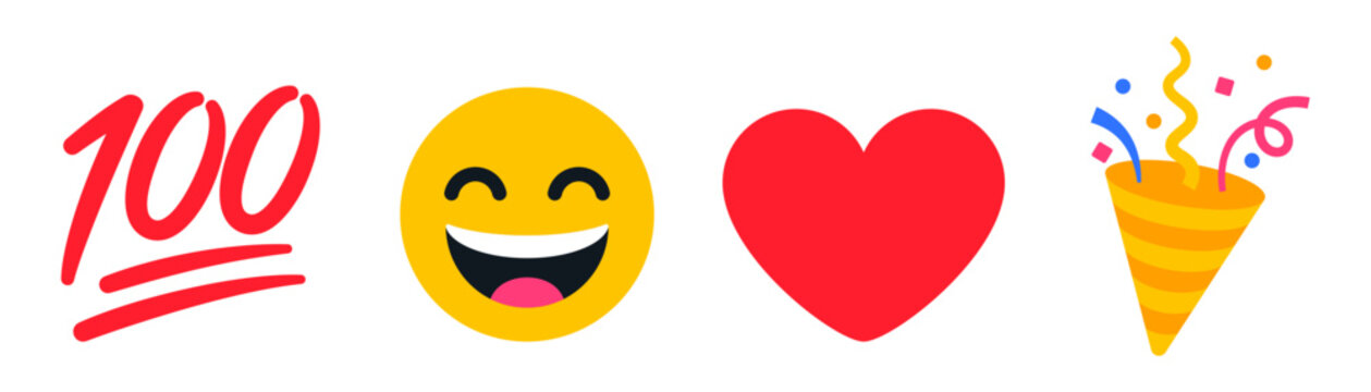 Social media reaction icon set with red 100 sign, happy smiley emoji, heart symbol and party popper illustration, colorful flat collection for chat, stream, message, and celebration design