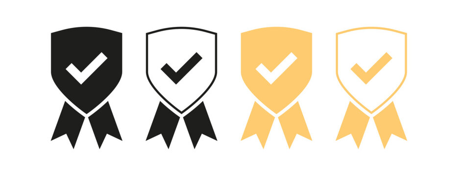 Black and gold shield badges with checkmarks highlighting approved quality and satisfaction perfect for premium product labels