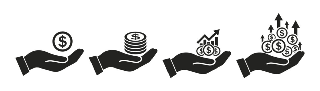 Sequence of a hand holding growing coin stacks with upward charts illustrating financial evolution perfect for investment plans