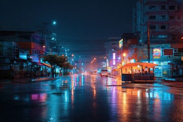 Obraz premium night city with neon reflections wet street cyberpunk mood raw photography