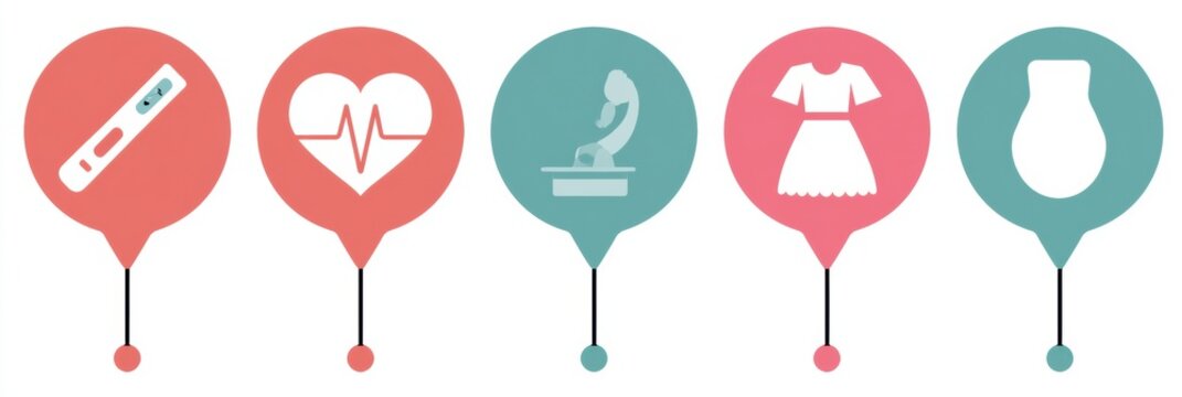 Illustration showing pregnancy milestones like positive test, first heartbeat, and baby shower in a clean style with space for text.