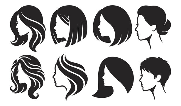 Collection of eight woman face silhouettes showcasing various hairstyles perfect for beauty salon designs and Womens Day concepts