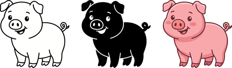 Naklejka premium Pig Vector Set with Outline Silhouette and Cartoon Styles