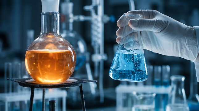 Scientist in protective gloves holding an Erlenmeyer flask with blue liquid next to a round bottom flask with orange chemical solution in a laboratory