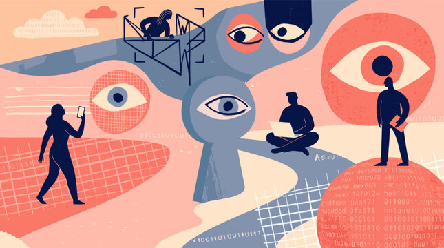 Silhouetted people are watched by multiple large eyes and binary code representing digital surveillance privacy invasion and online data tracking