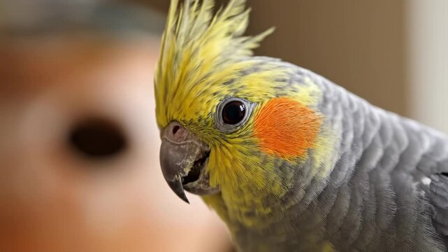 Vibrant cockatiel portrait showcases distinctive yellow crest, orange cheek patches, and inquisitive eye, capturing the charming personality of this popular pet bird in a softly blurred