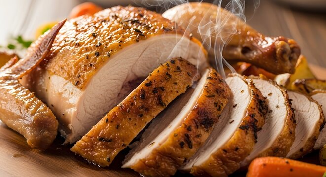 Juicy Roasted Turkey Breast Slices
Delicious Oven Roasted Turkey Dinner
Homemade Roast Turkey Close Up
Golden Brown Turkey Meat Platter
Gourmet Roasted Poultry Dish
Tender Sliced Turkey With Steam
Cla
