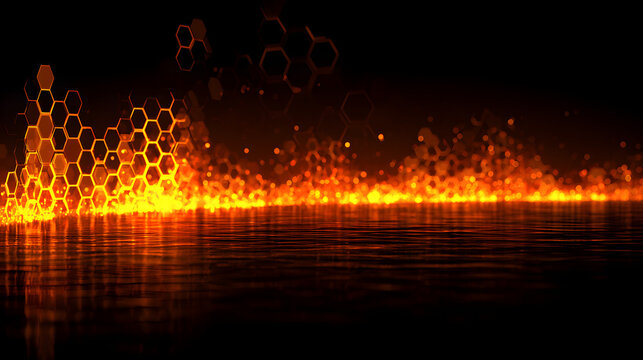 Fiery orange digital honeycomb background with glowing hexagons and futuristic cyber energy