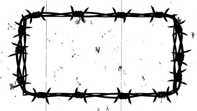 Animated black barbed wire rectangular border silhouette placed above a textured grunge white background, perfect for creating rigid security or confinement concepts in vintage graphic design artworks