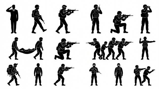 Tactical Military Soldier Action Silhouette Set with Army Combat Poses Isolated Vector Collection