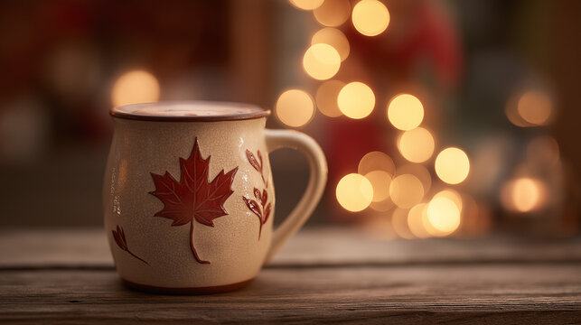 string. Ceramic mug with hot chocolate and maple leaf design on wooden table. representing seasonal cycles and harvest abundance, bar promotions, designed for product packaging and bar promotions.
