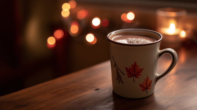 string. Ceramic mug with hot chocolate and maple leaf design on wooden table. representing seasonal cycles and harvest abundance, bar promotions, designed for product packaging and bar promotions.