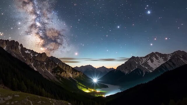 Nighttime Mountain Vista with Starry Sky and Milky Way Over Valley Lake.