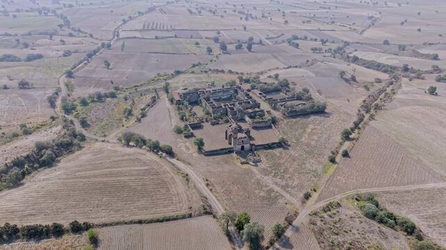 Drone flying above old ex hacienda caxcantla ruins in puebla mexico