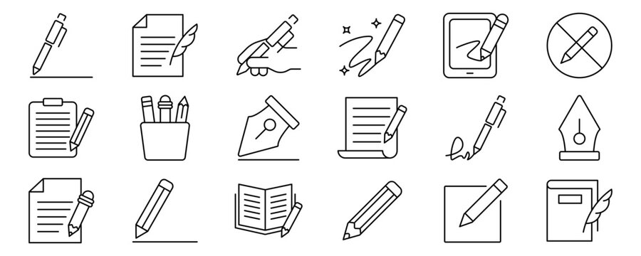 Writing icon set. Containing write, pen, note, pencil, edit, writer, document, text and more. Outline Icon Collection. Vector illustration