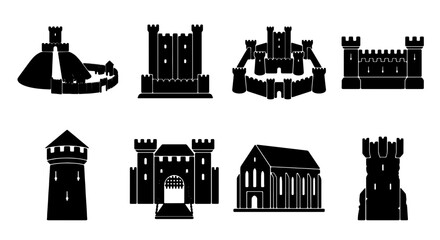 Medieval Castle Icons, Fortress Silhouettes, Historic Fortifications, Royal Architecture Vector Set © Ahsan
