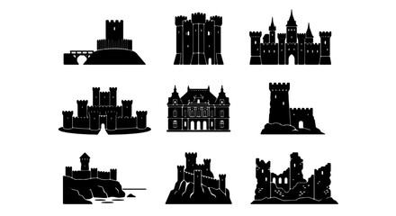 Medieval Castle Silhouettes, Fortress Icons, Royal Palace Vector Set, Historic Architecture Collection, Fantasy Kingdom Buildings © Ahsan