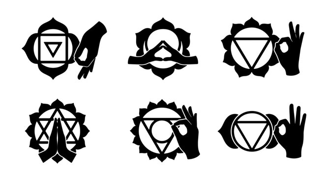Chakra Symbols and Mudras, Spiritual Yoga Gestures, Energy Centers Icons, Meditation and Wellness Vector Set