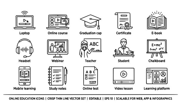 Thin line eLearning and online course vector icon pack with 20 editable scalable symbols on white background