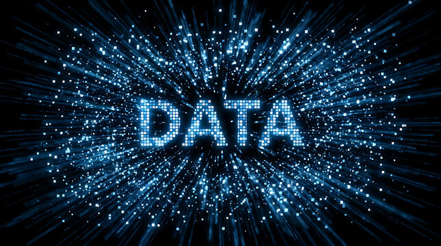 Futuristic digital background with the word DATA formed by glowing blue pixels and light trails radiating from the center