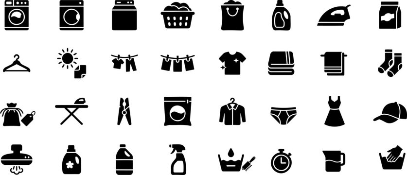 Laundry icon set, flat vector design with washing machine, dryer, clothes on line, iron, and detergent.