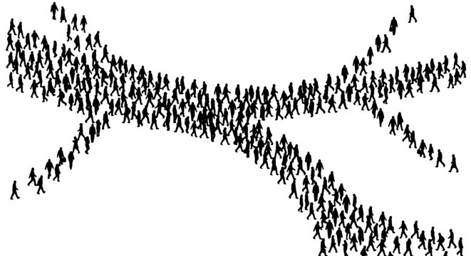 Crowd Flow Vector Art, Human Traffic Intersection, Silhouette People Gathering, Abstract Group Movement, Social Connection Concept