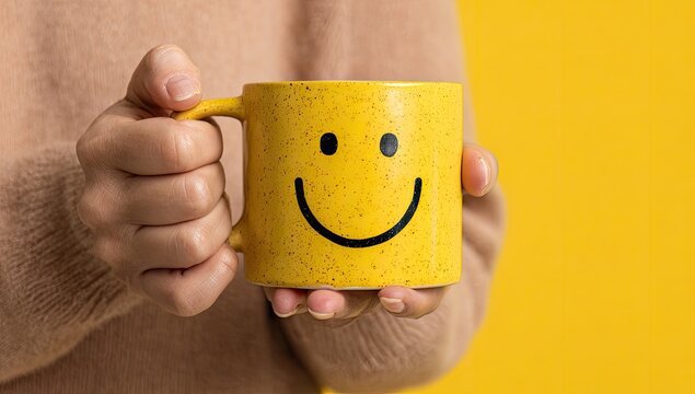 Hands holding a bright yellow mug with a simple smiley face